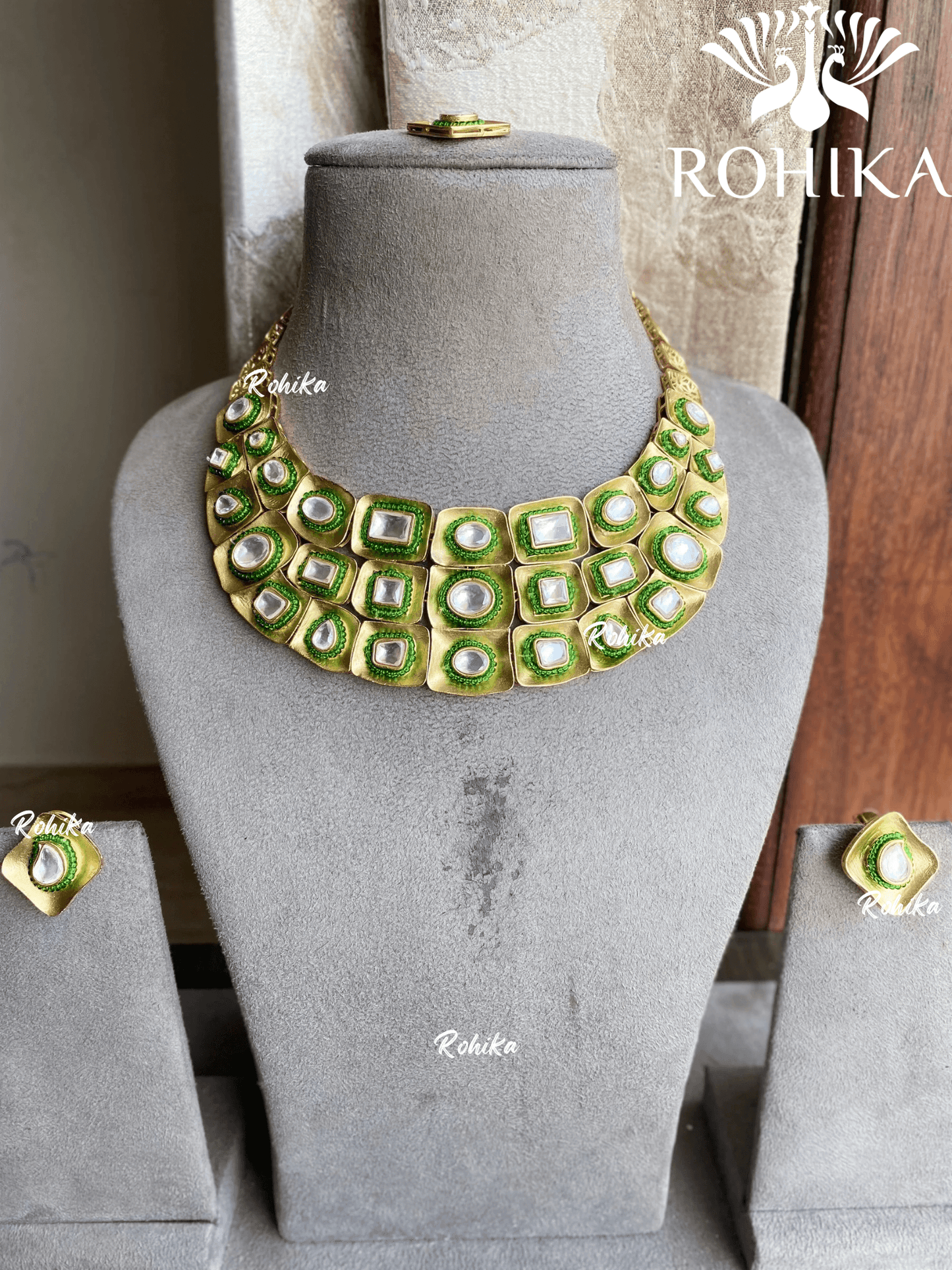 Vatsa polki kundan designer necklace set - Green - Rohika Store