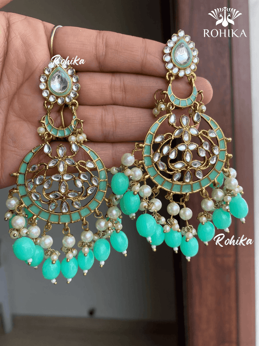 Kajal meenakari kundan earrings - Mint green - Rohika Store