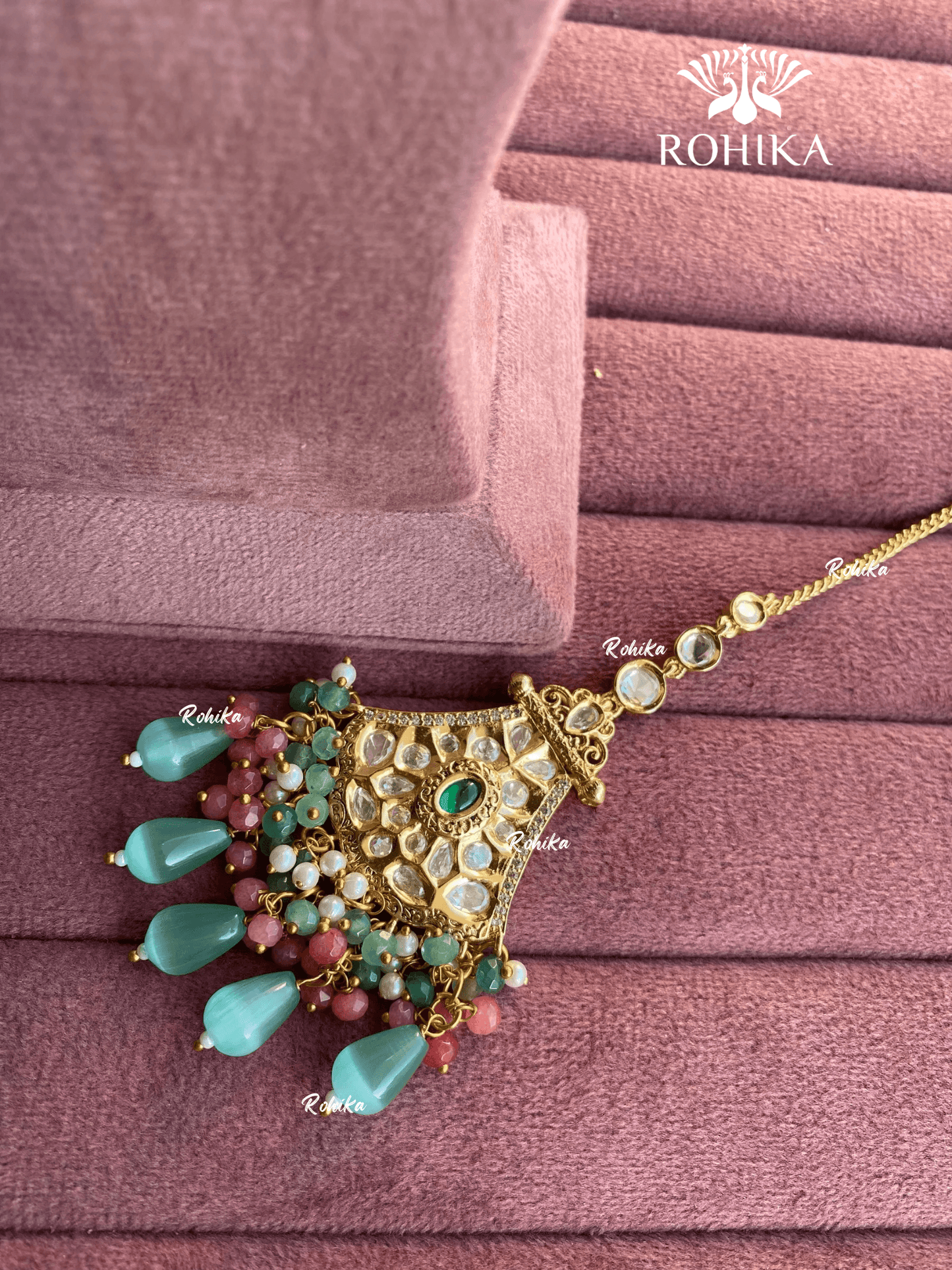 Polki kundan maangtikka (PLKM-039) - Mint green & pink - Rohika Store