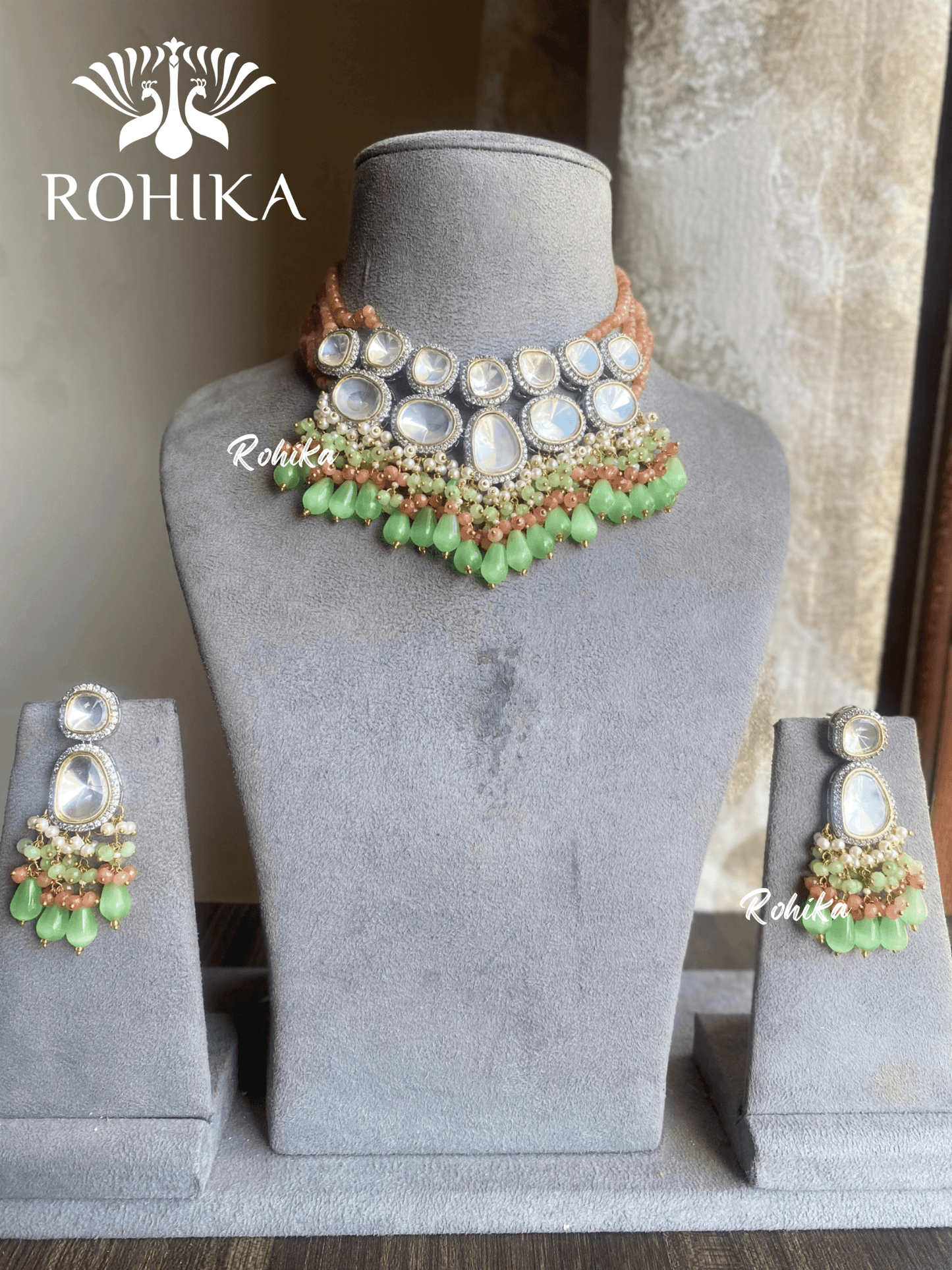 Laisha polki kundan necklace set - Peach and green - Rohika Store