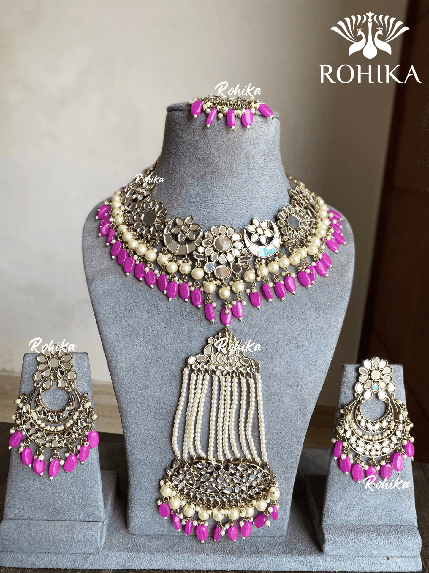 Ravleen mirror necklace set - Pink - Rohika Store