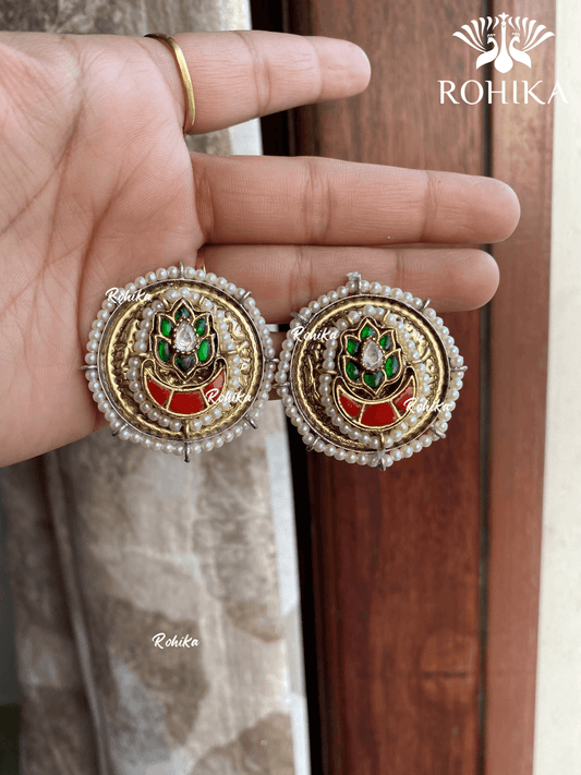 Banjara fusion Studs earrings (FE-017) - Green & orange - Rohika Store