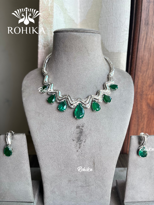 American diamond choker set (ADN -020) - Dark green