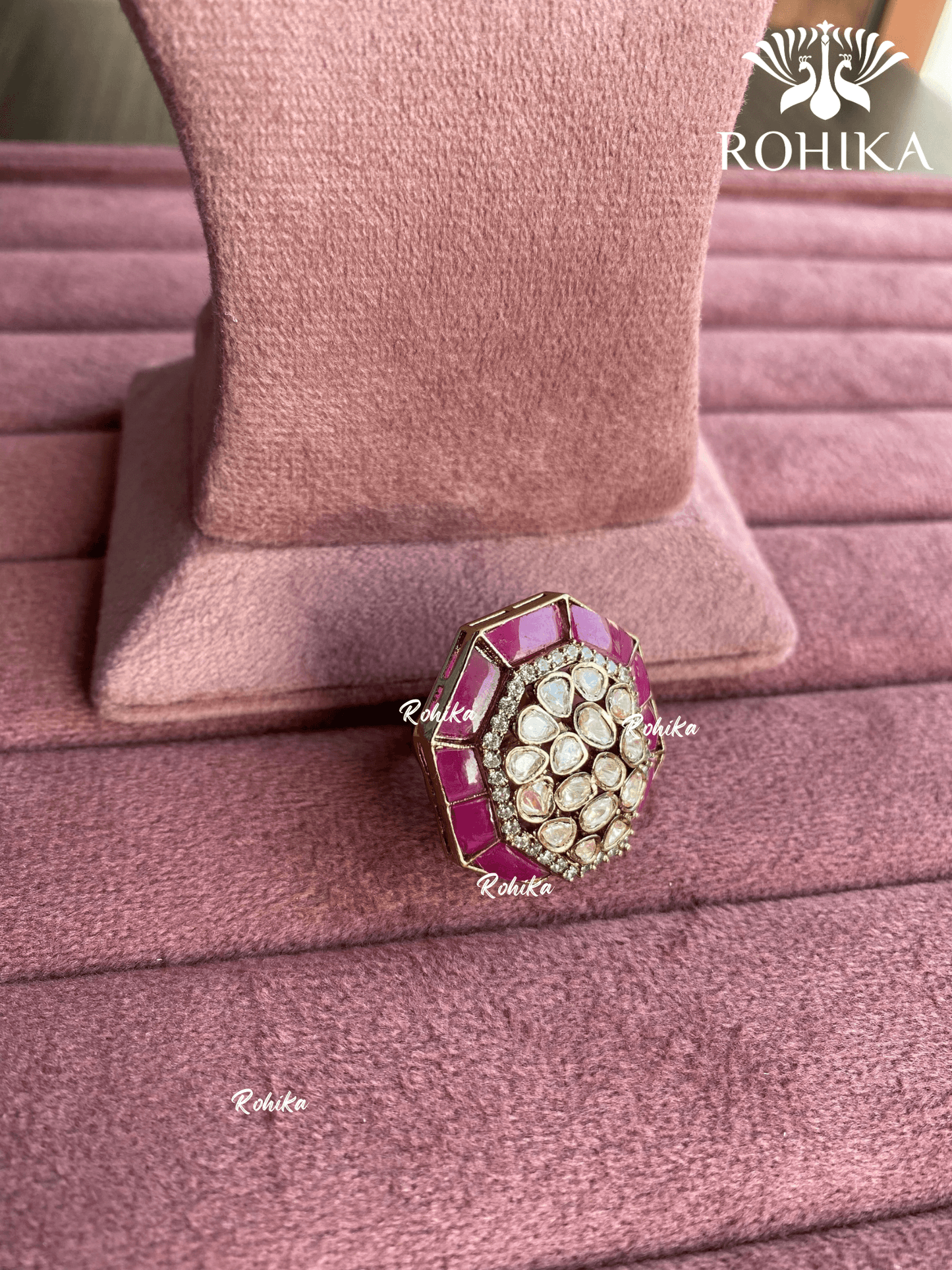 Angana polki kundan ring (SG-074) - Dark pink - Rohika Store