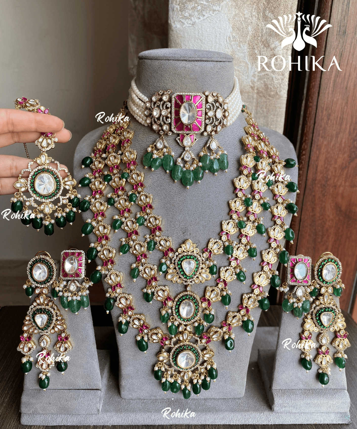 Prerna polki kundan bridal combo set - Green and Pink - Rohika Store