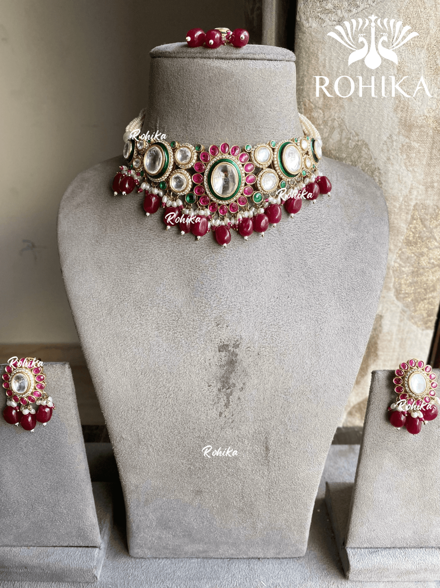 Pragya polki kundan choker set - Red / Maroon - Rohika Store