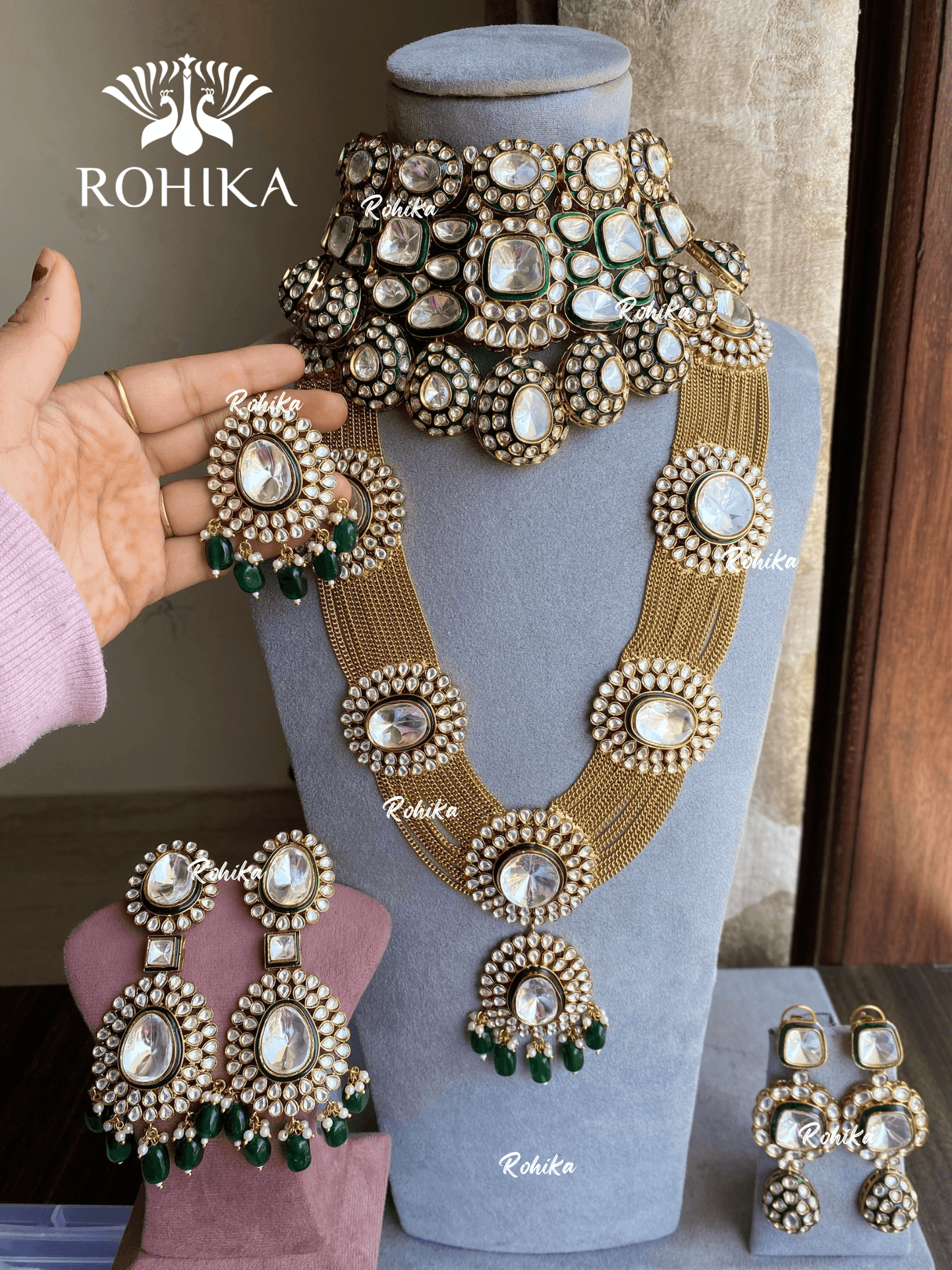 Akshara polki kundan bridal combo set - Dark Green - Rohika Store