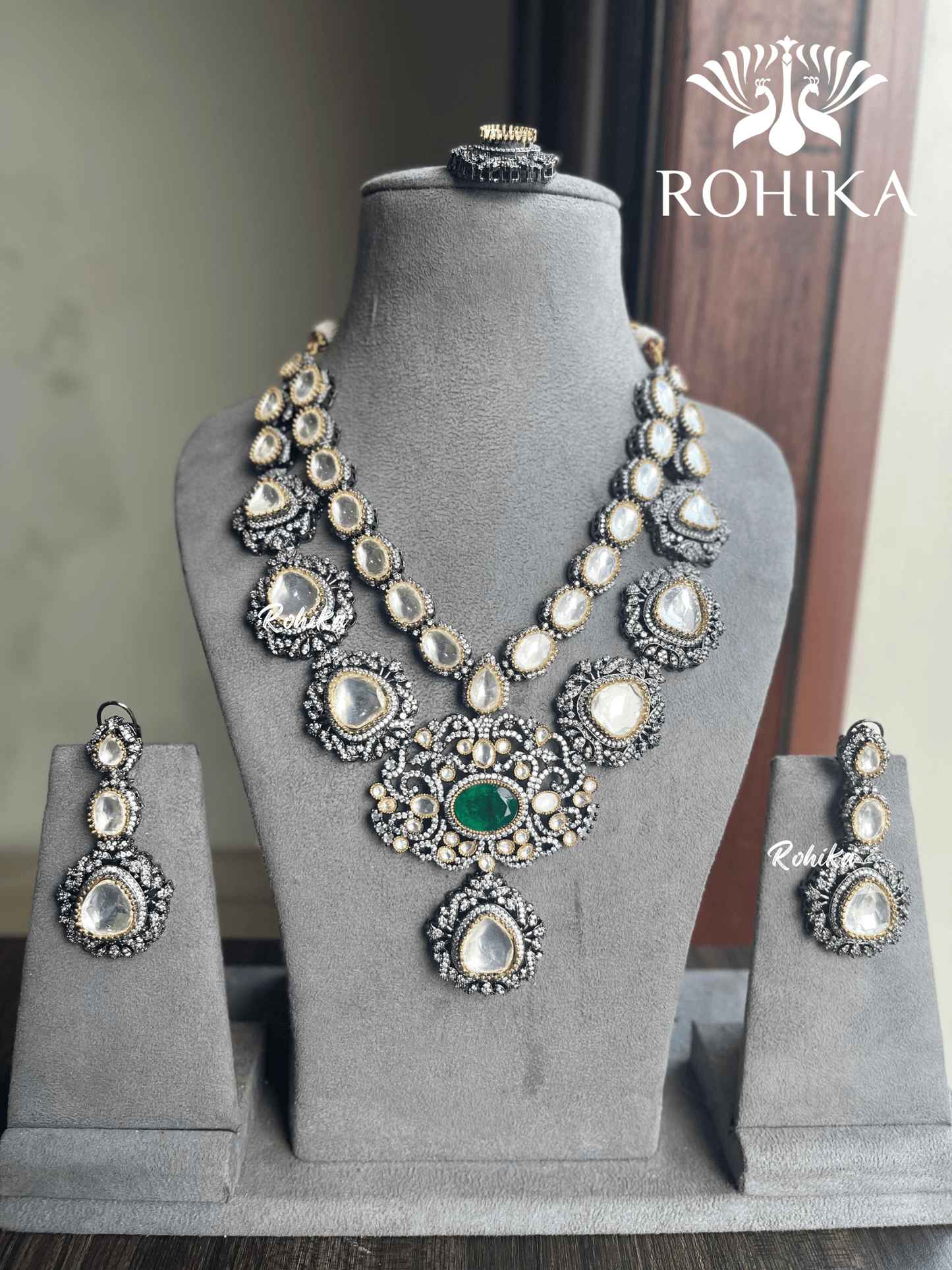 Simra polki Kundan necklace set - Green - Rohika Store