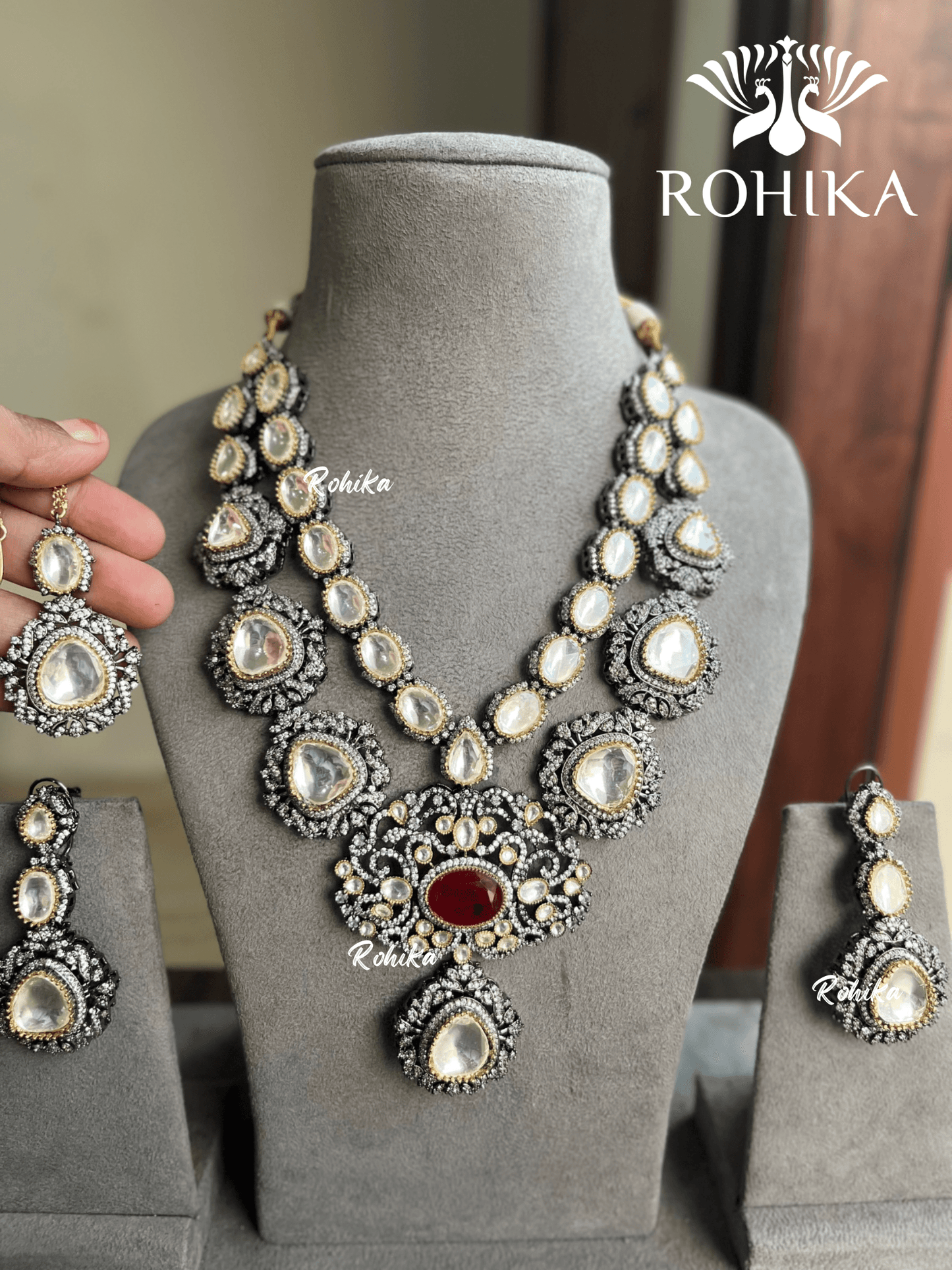 Simra polki Kundan necklace set - Red - Rohika Store