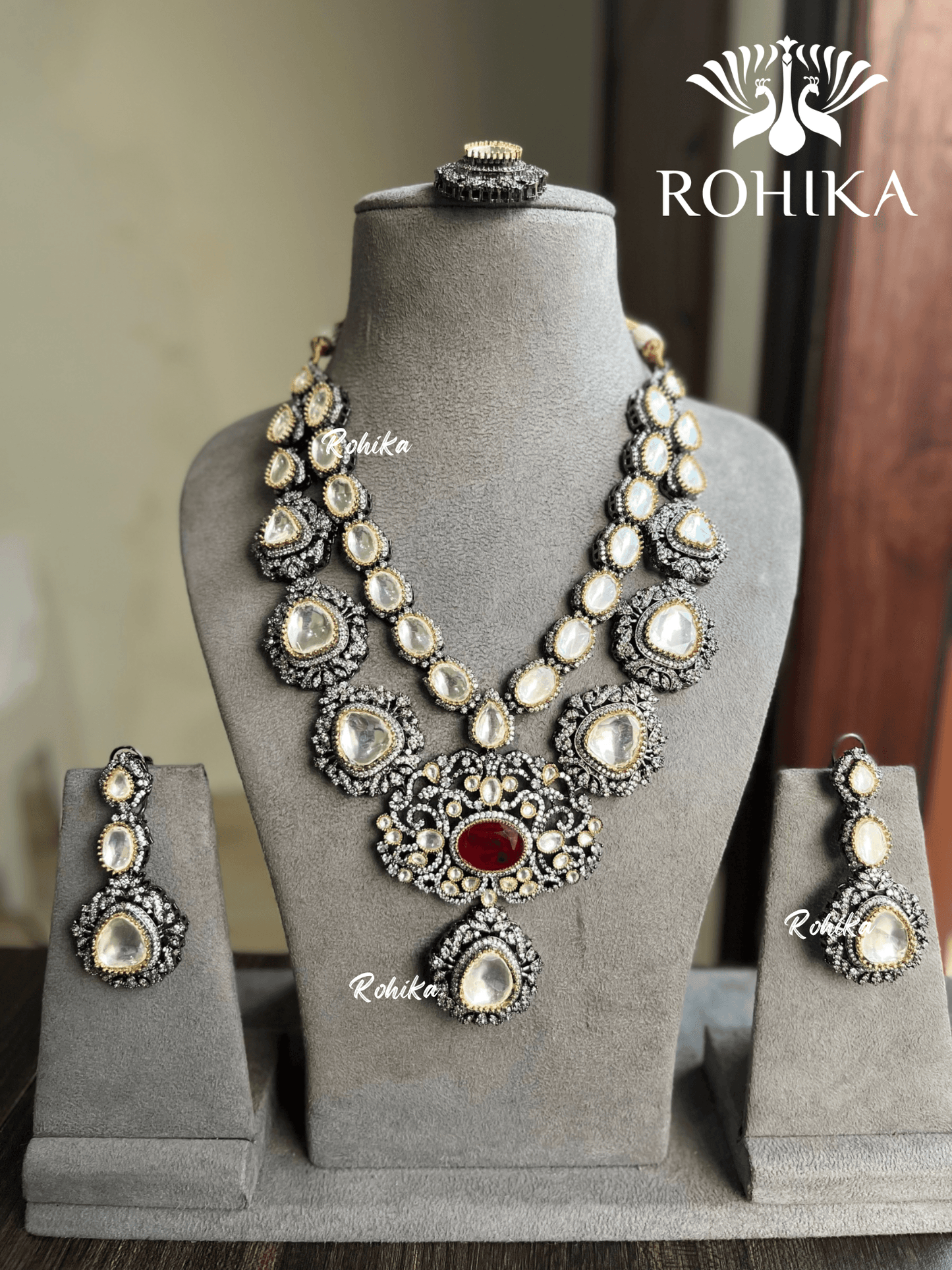 Simra polki Kundan necklace set - Red - Rohika Store