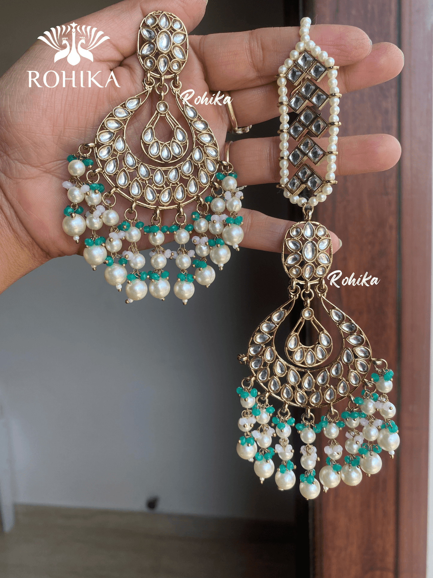 Madhur earrings and maangtikka - White and Green - Rohika Store
