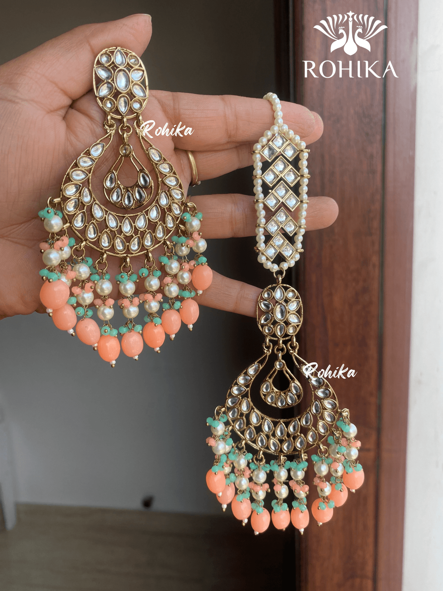 Madhur earrings and maangtikka - Peach - Rohika Store