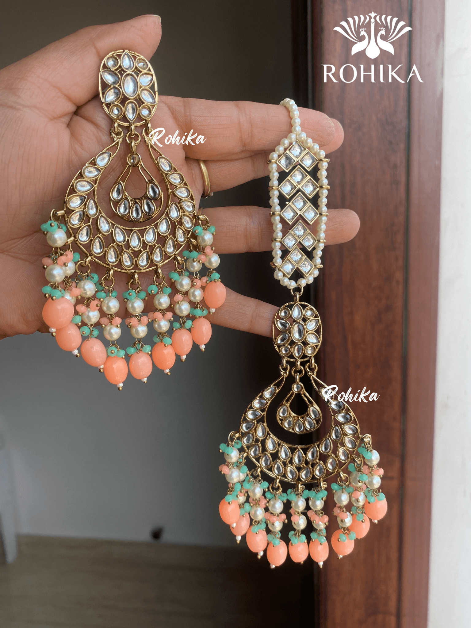 Madhur earrings and maangtikka - Peach - Rohika Store