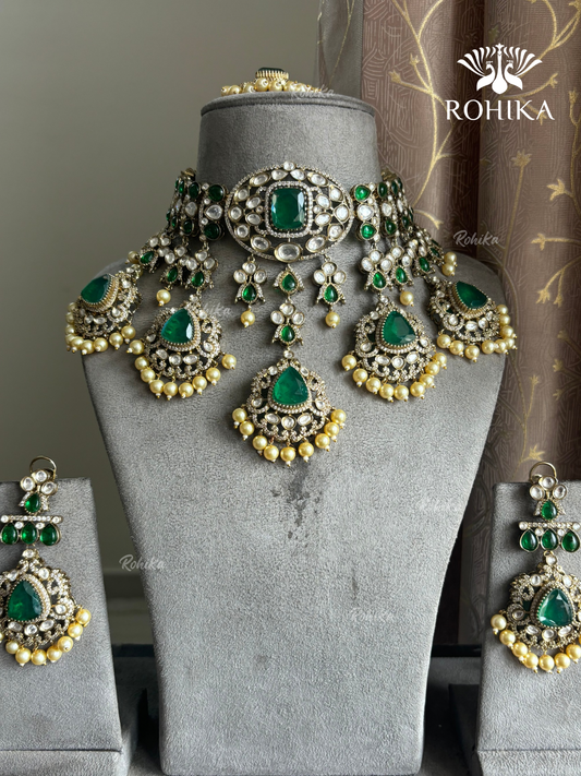 Tulsi Polki Kundan Bridal Necklace Set - Dark green