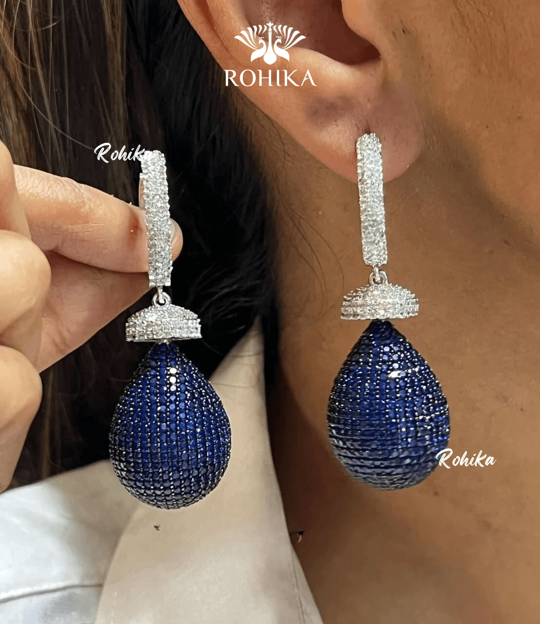 Mia american diamond earrings - Dark blue - Rohika Store