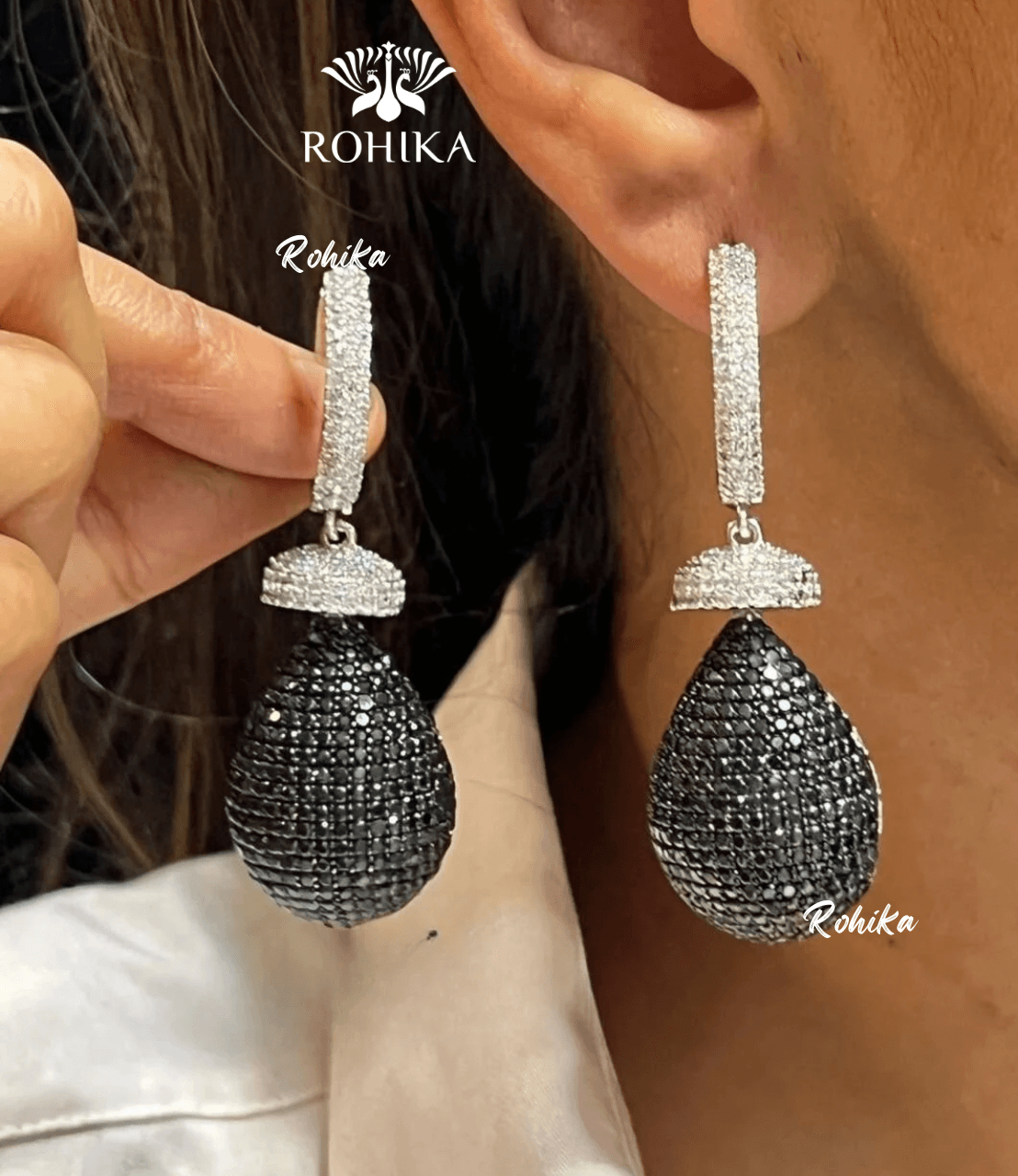 Mia american diamond earrings - Black - Rohika Store