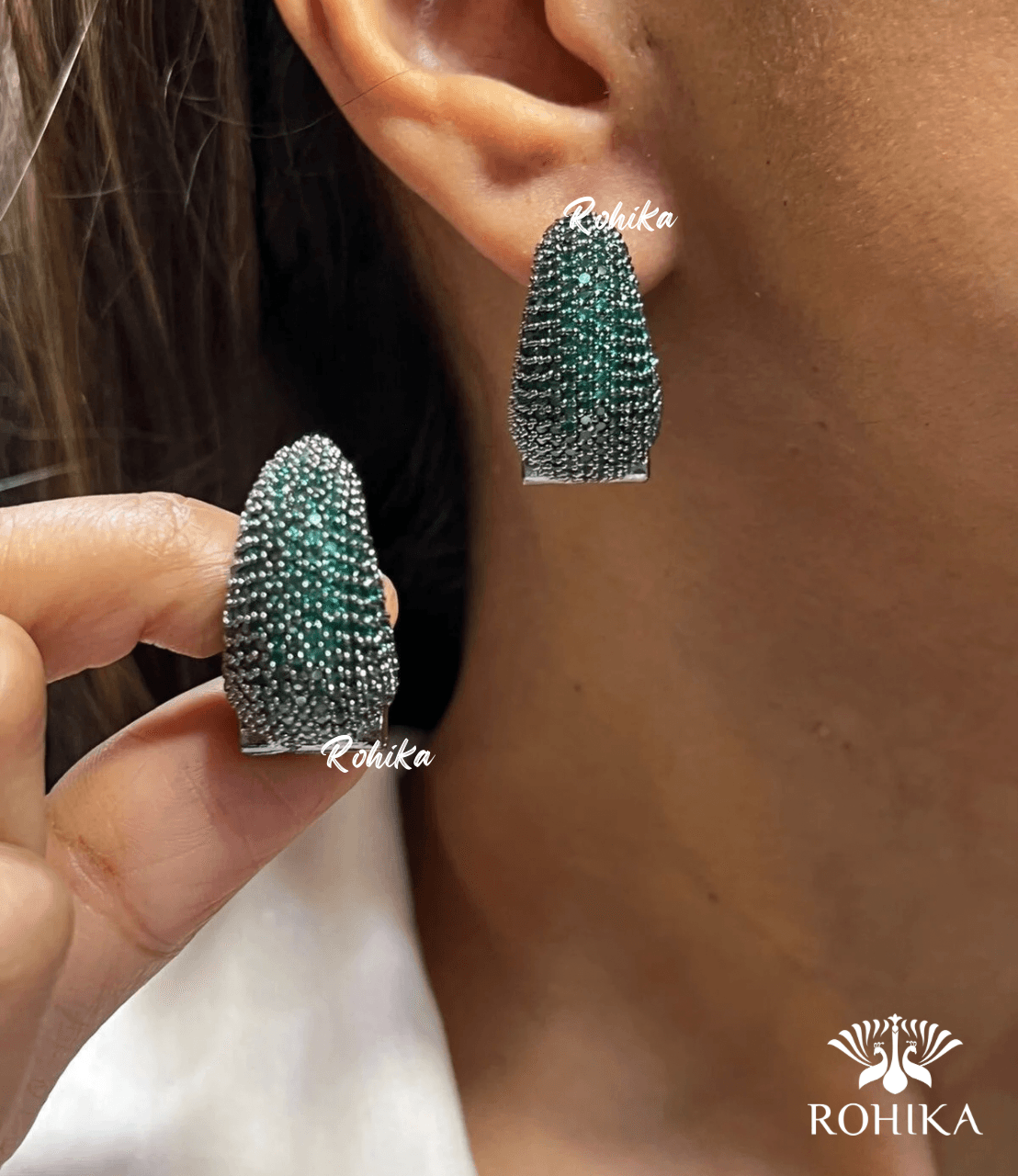 Alice american diamond earrings - Dark Green - Rohika Store