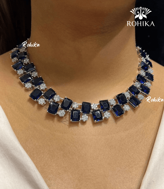 Hiza american diamond necklace - Dark blue - Rohika Store