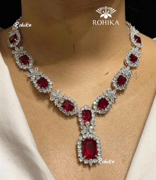 Isla american diamond necklace - Red - Rohika Store