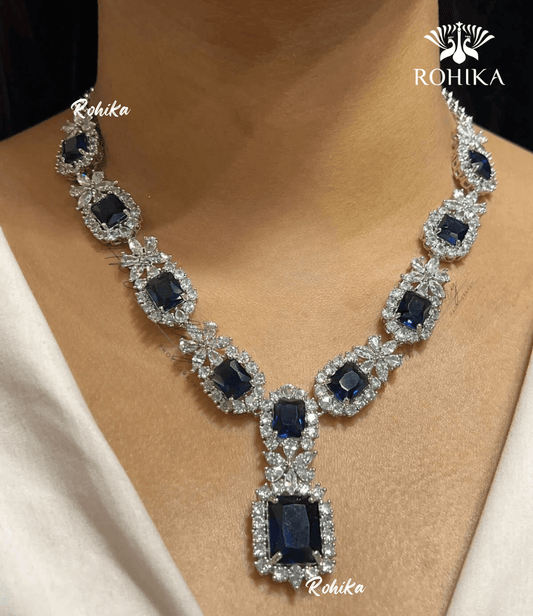 Isla american diamond necklace - Dark bule - Rohika Store