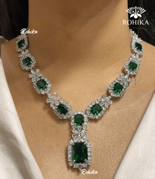 Isla american diamond necklace - Dark green - Rohika Store