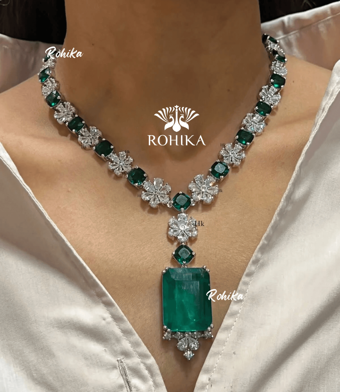 Diana american diamond necklace - Dark green - Rohika Store
