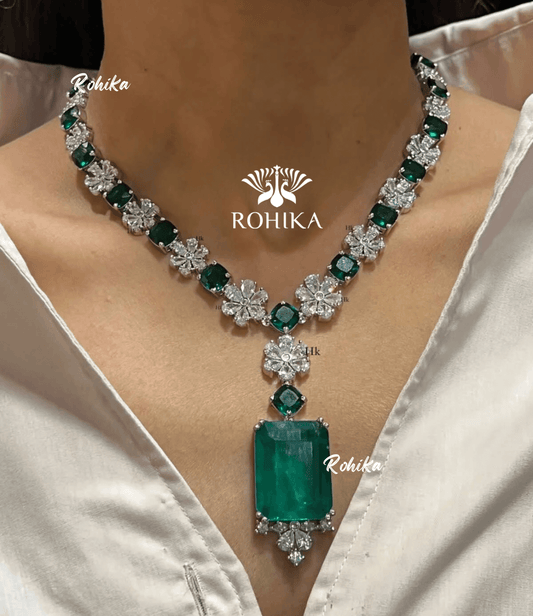 Diana american diamond necklace - Dark green - Rohika Store