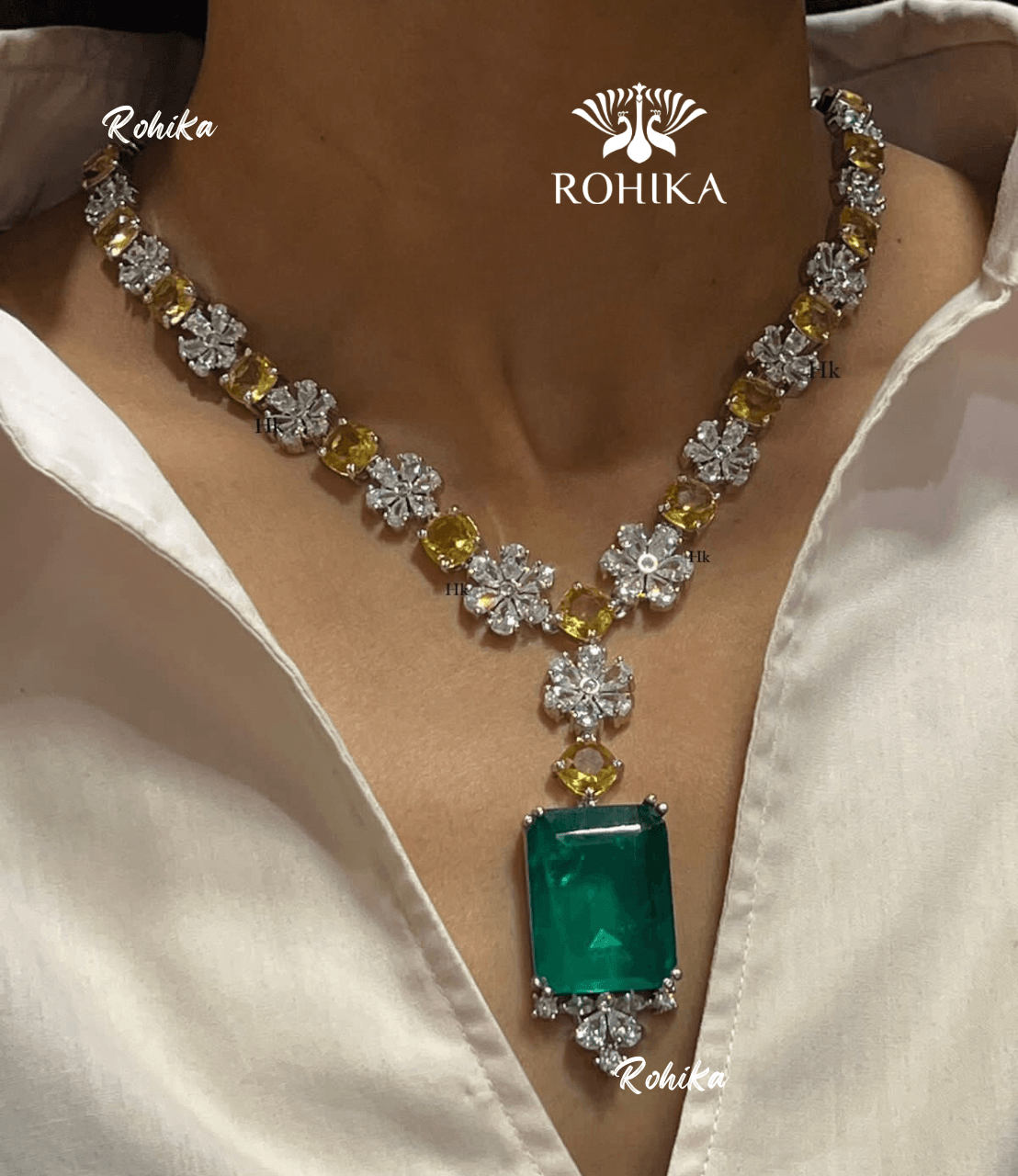 Diana american diamond necklace - Dark green & yellow - Rohika Store