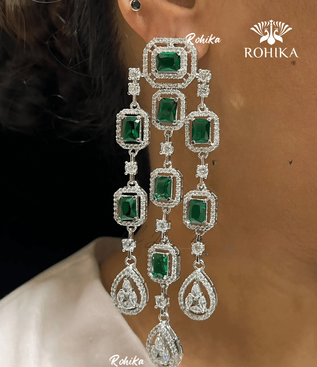 Daisi american diamond earrings - Dark green - Rohika Store