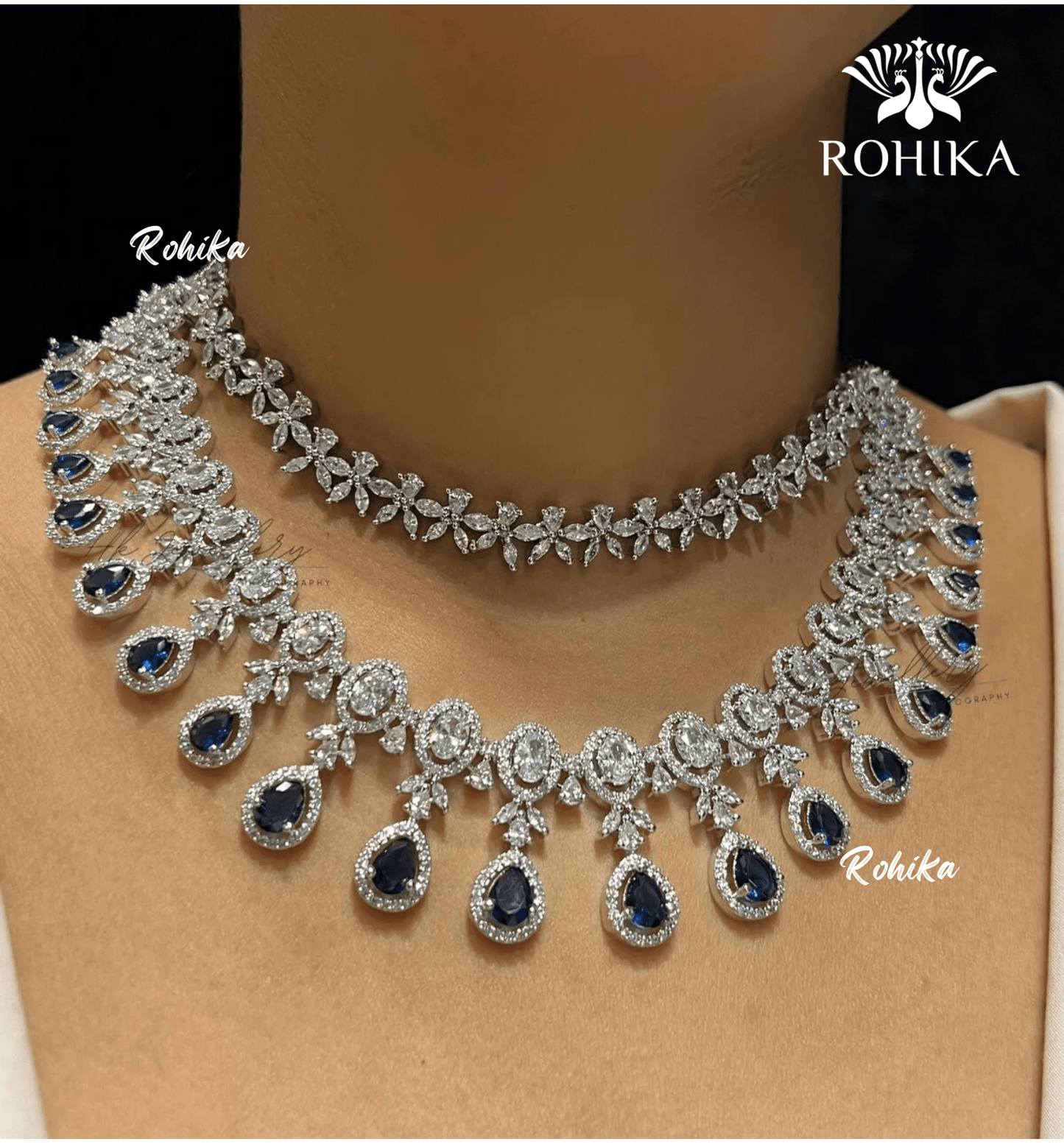 Dahlia american diamond necklace - Dark blue - Rohika Store