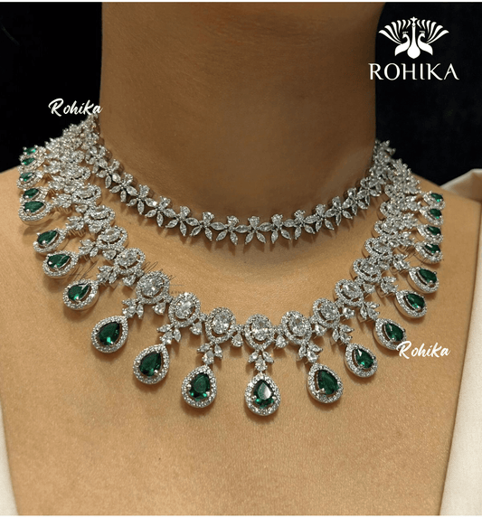 Dahlia american diamond necklace - Dark green - Rohika Store