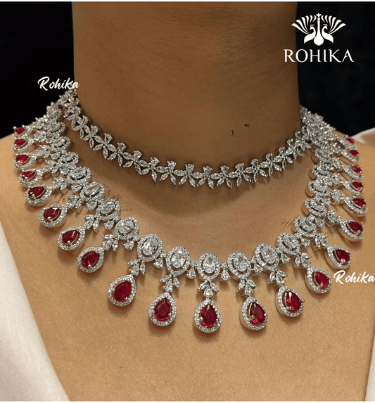 Dahlia american diamond necklace - Red - Rohika Store