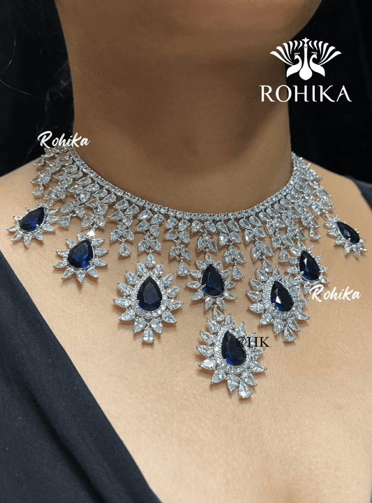 Tiya american diamond necklace -Dark blue - Rohika Store