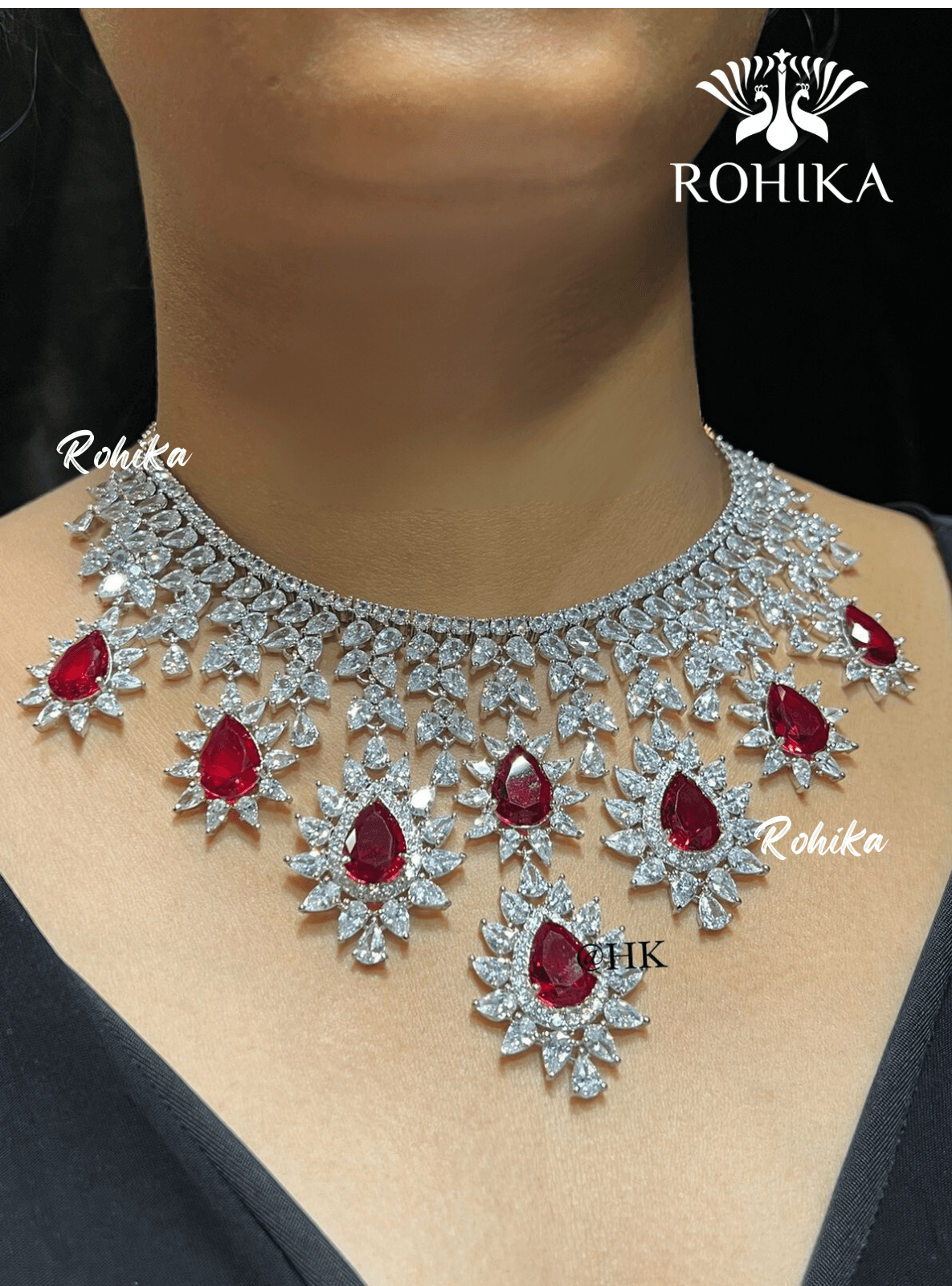 Tiya american diamond necklace - Red - Rohika Store