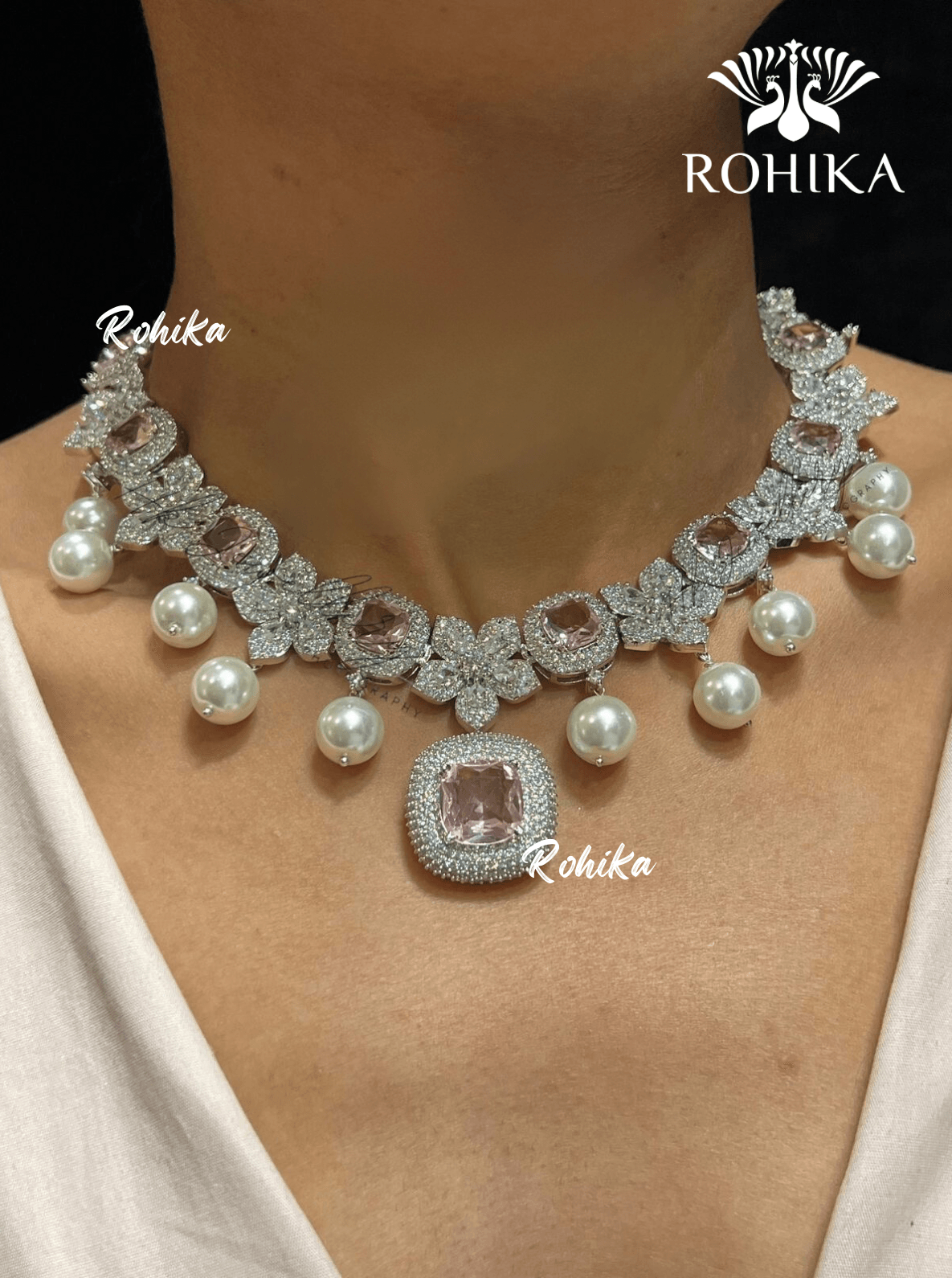 Ammy american diamond necklace - Baby pink - Rohika Store