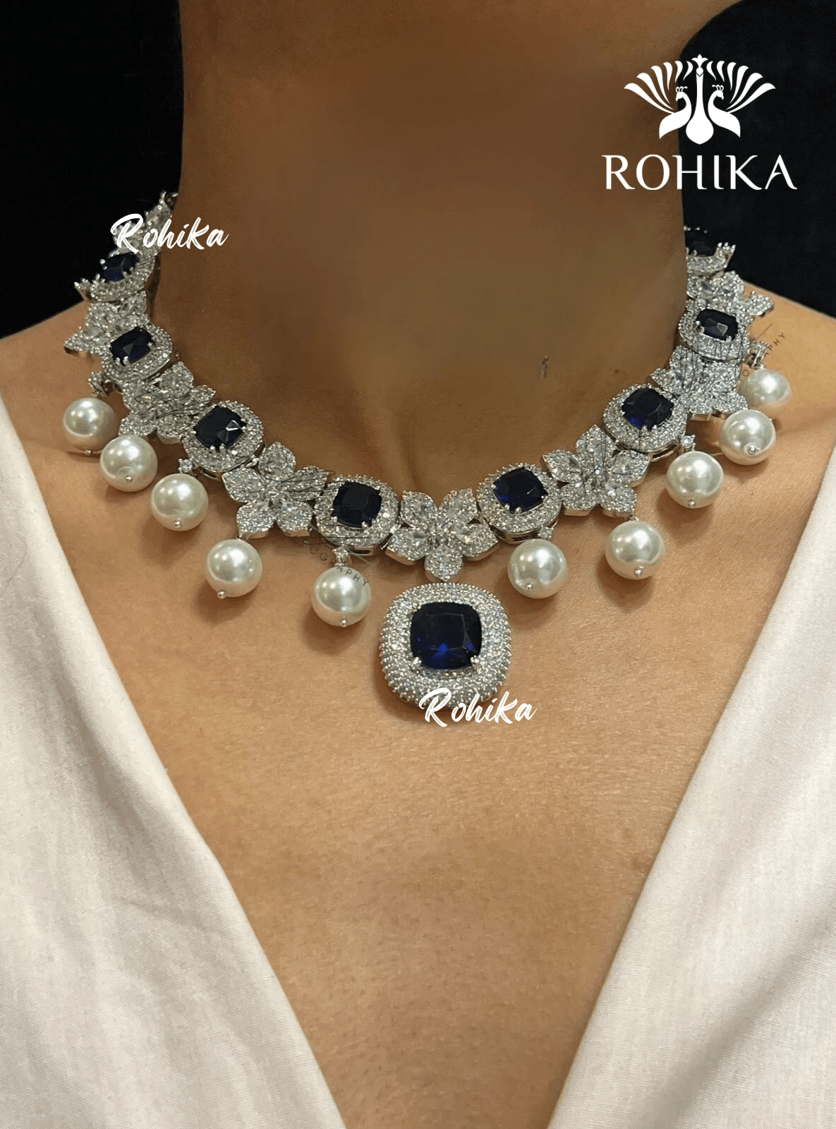 Ammy american diamond necklace - Dark blue - Rohika Store