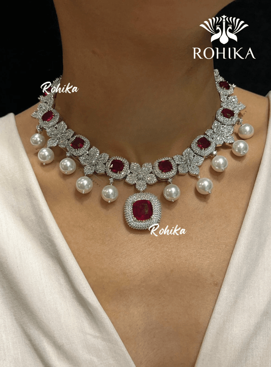 Ammy american diamond necklace - Red - Rohika Store