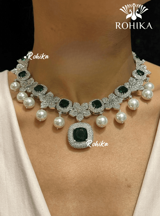 Ammy american diamond necklace - Dark green - Rohika Store