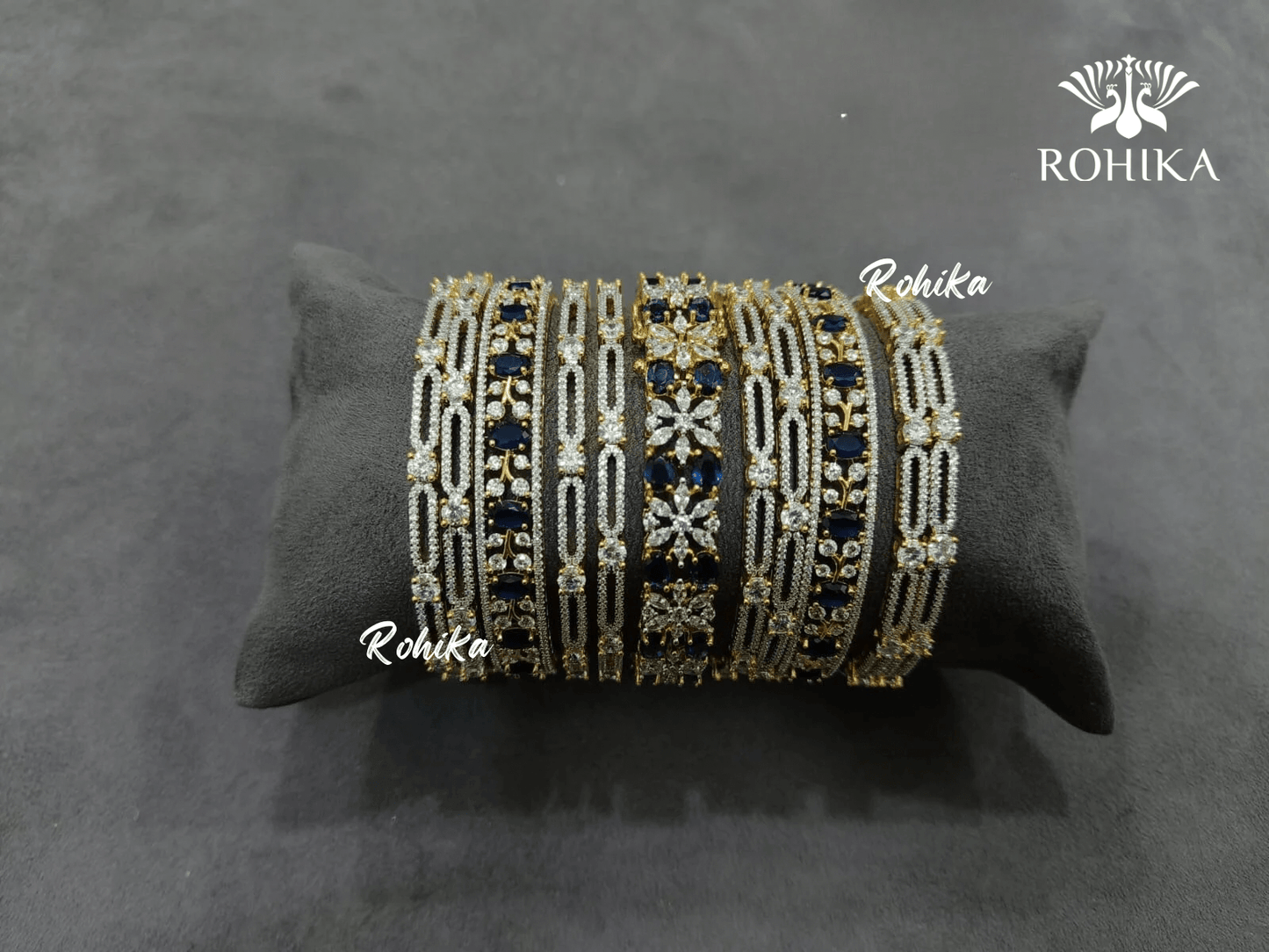 Asher american diamond bangles set (002) - Dark blue - Rohika Store