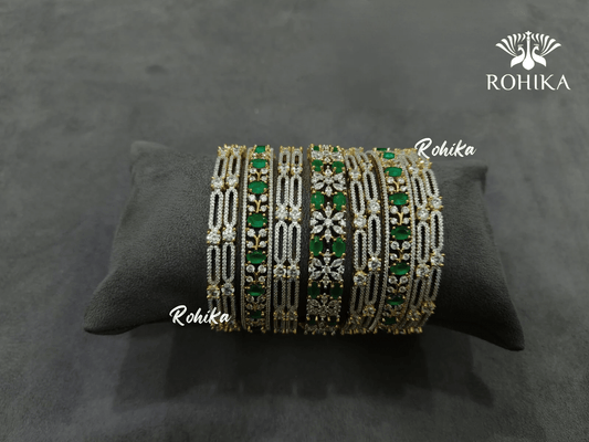 Asher american diamond bangles set (002) - Green - Rohika Store