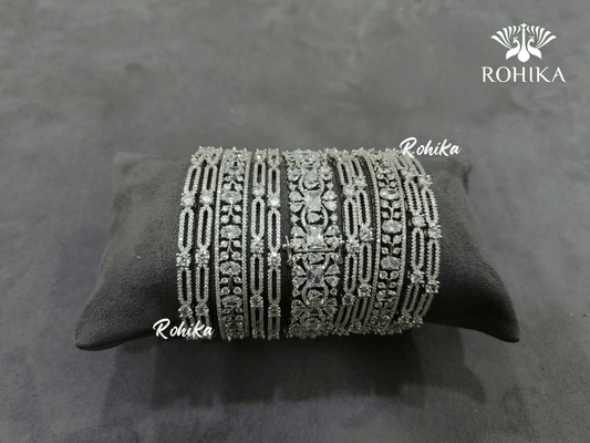 Asher american diamond bangles set (003) - Silver - Rohika Store