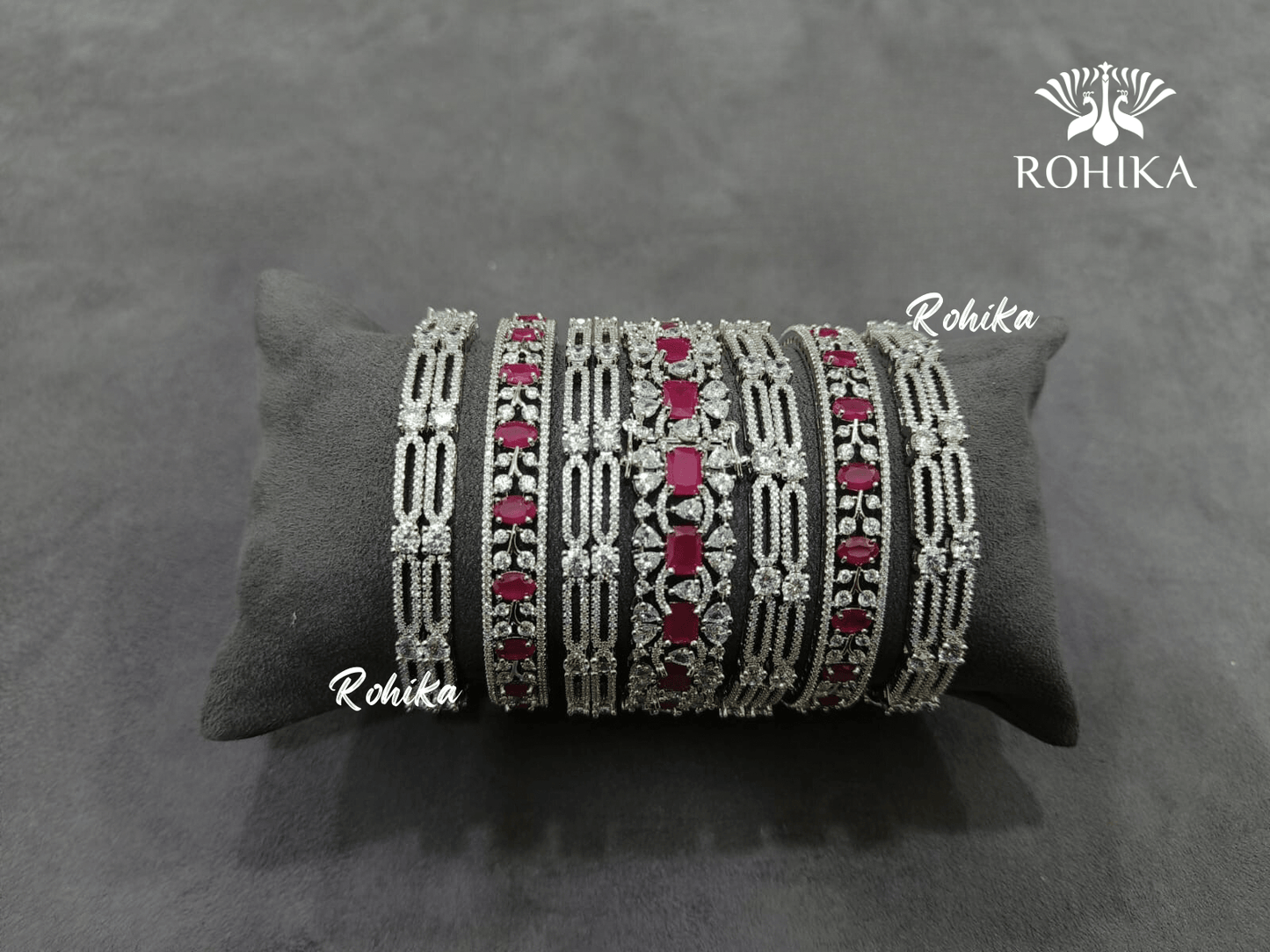 Asher american diamond bangles set (003) - Dark pink - Rohika Store