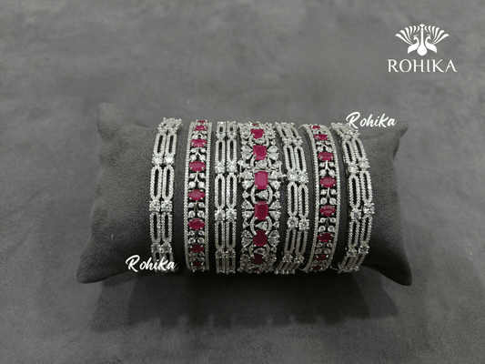 Asher american diamond bangles set (003) - Dark pink - Rohika Store