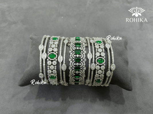 Asher american diamond bangles set (004) - Green - Rohika Store