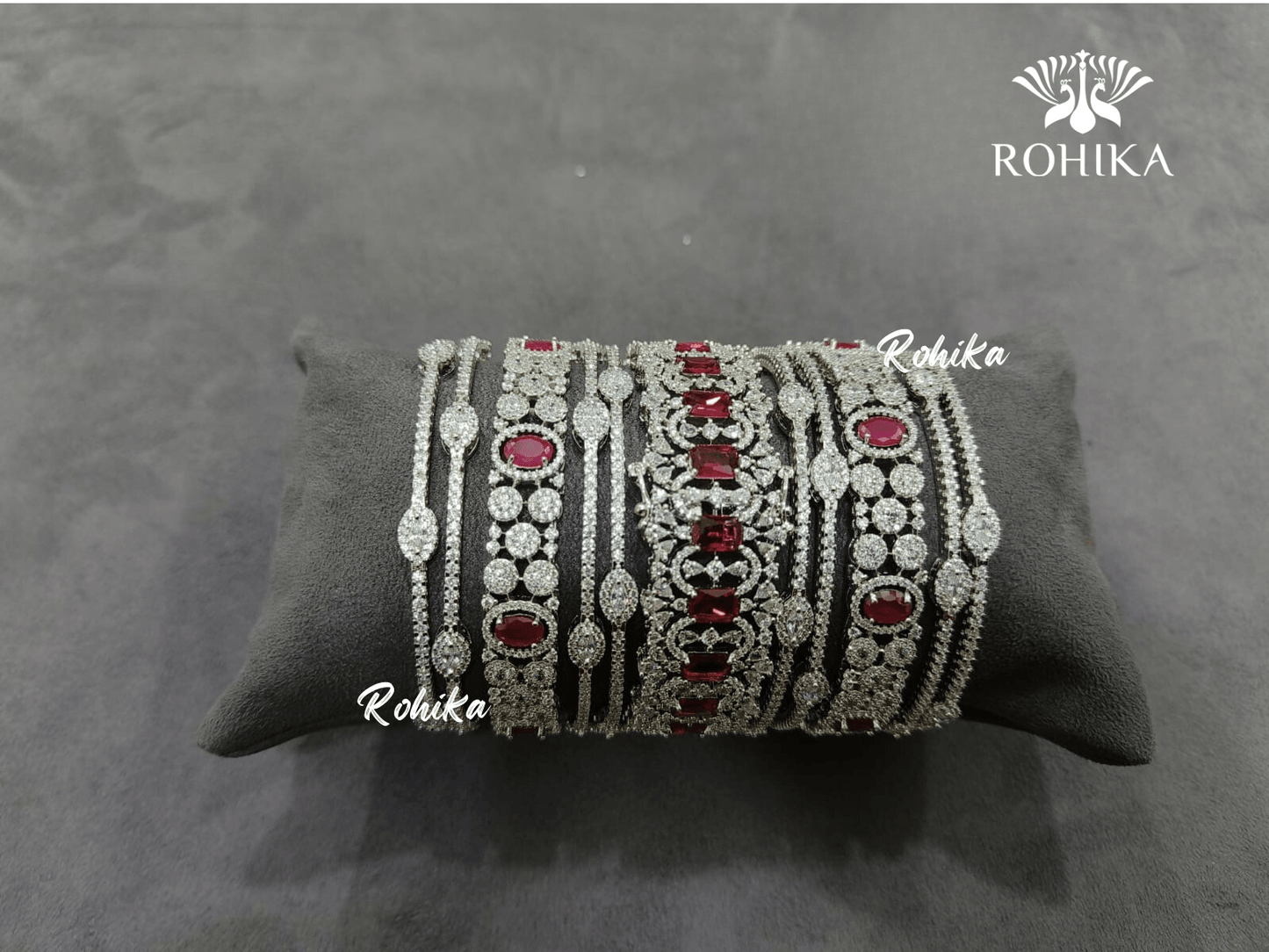 Asher american diamond bangles set (004) - Red & dark pink - Rohika Store