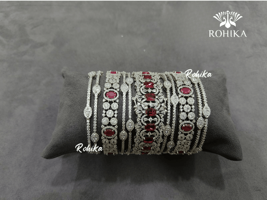 Asher american diamond bangles set (004) - Red & dark pink - Rohika Store