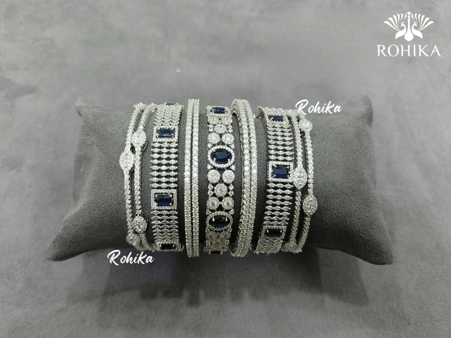 Asher american diamond bangles set (005) - Dark blue - Rohika Store