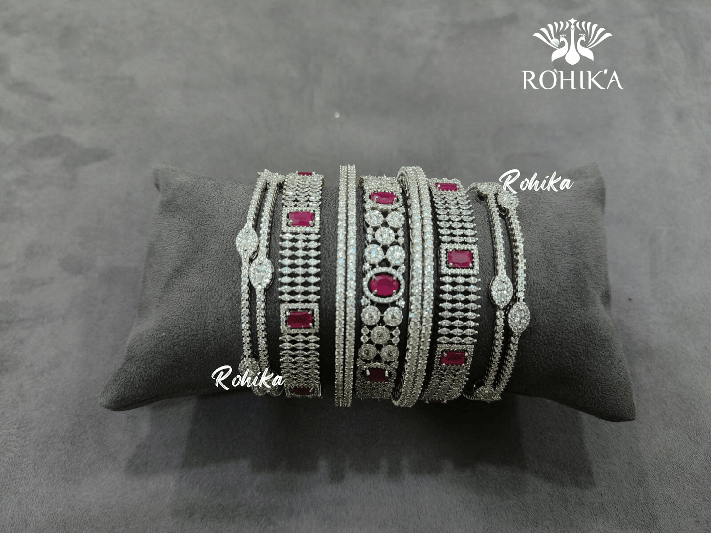 Asher american diamond bangles set (005) - Dark pink - Rohika Store
