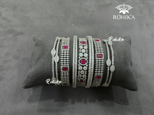 Asher american diamond bangles set (005) - Dark pink - Rohika Store