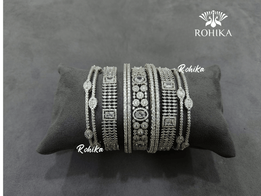 Asher american diamond bangles set (005) - Silver - Rohika Store